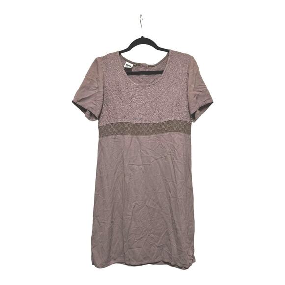 Johnny Was Purple Taupe Embroidered Short Sleeve Bohemian Baby Doll Mini Dress M - Picture 1 of 6